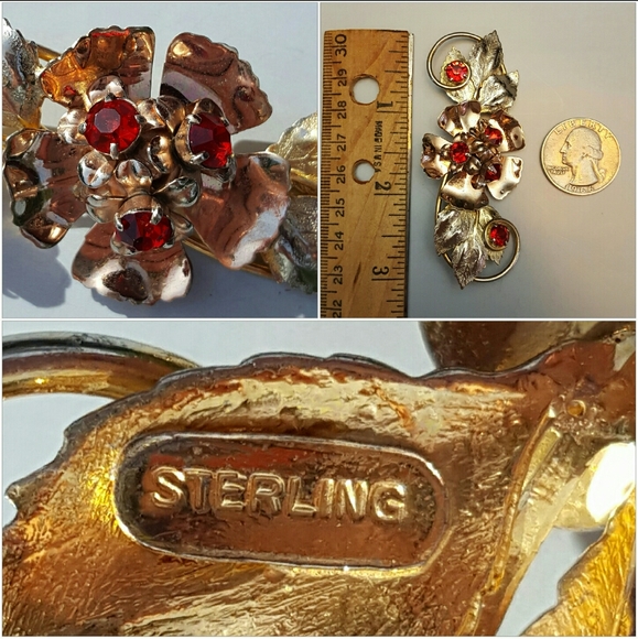 Vintage Sterling Floral Brooch w/Crimson Crystals - Picture 3 of 6
